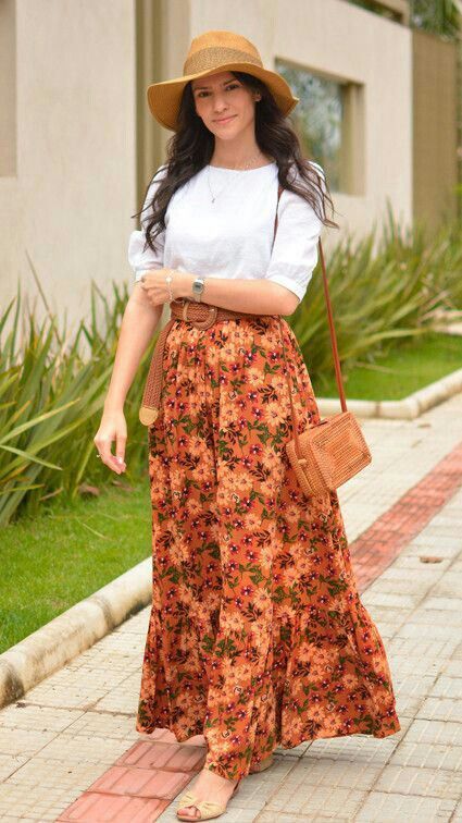 flowy orange floral maxi skirt for a breezy tea party look